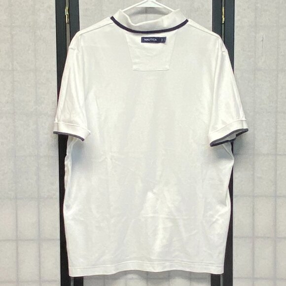 Nautica Short Sleeve Striped Band Collar Sleeve 2 Button Polo Shirt White Navy L - Picture 6 of 12